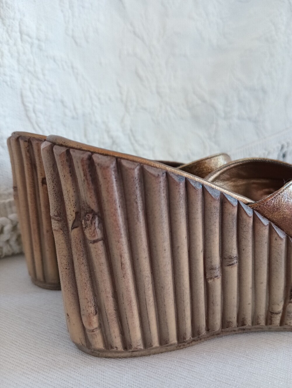 Dezario Bronze Metallic Wedge Slides Rhinestone Buckle Bamboo Gold Platform Heel - Picture 8 of 12